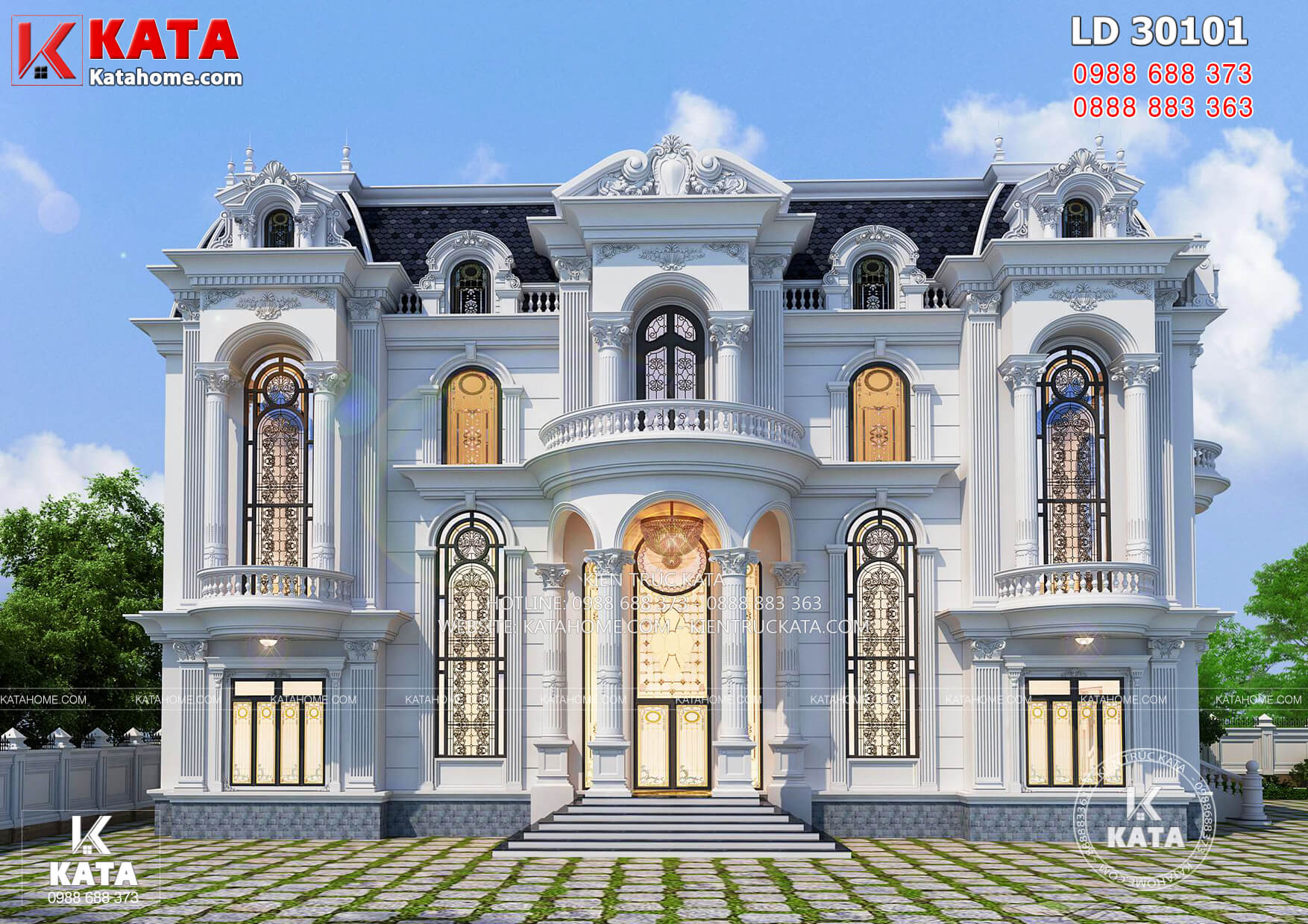 Phối cảnh 3D mặt tiền mẫu thiết kế lâu đài dinh thự đẹp 3 tầng kiến trúc tân cổ điển sang trọng, đẳng cấp