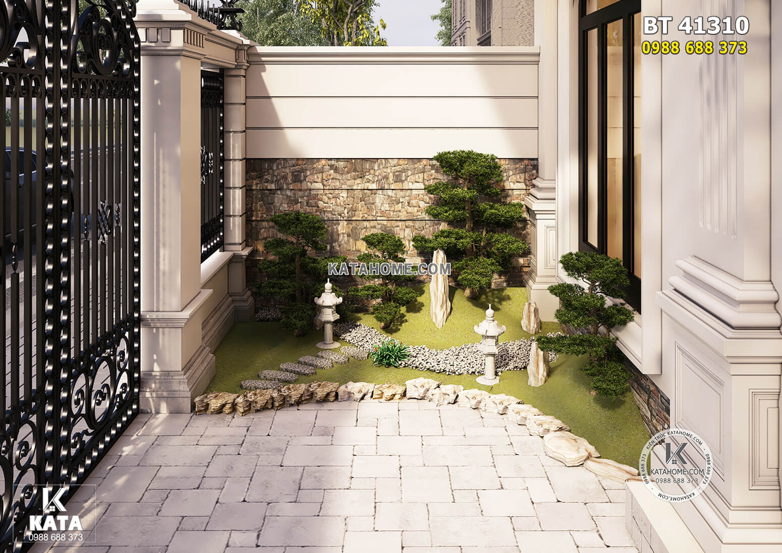 Phối cảnh 3D sân vườn mẫu nhà liền kề mặt tiền 9m