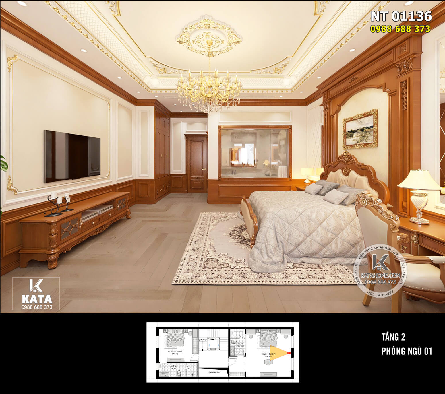 Không gian nội thất phòng ngủ được thiết kế rộng rãi, đầy đủ tiện nghi