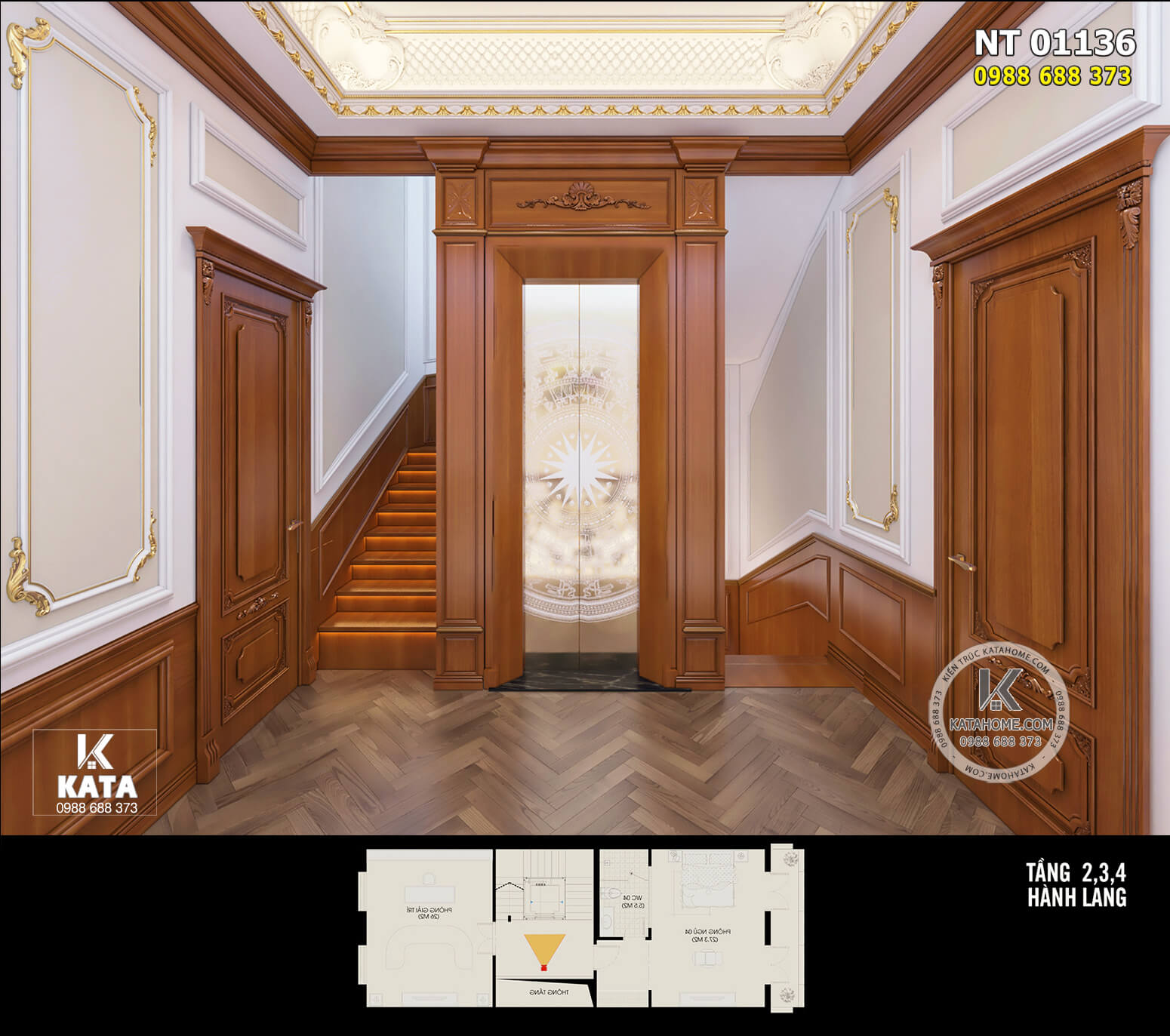 Thiết kế nội thất tân cổ điển với diện hành lang bằng gỗ sang trọng