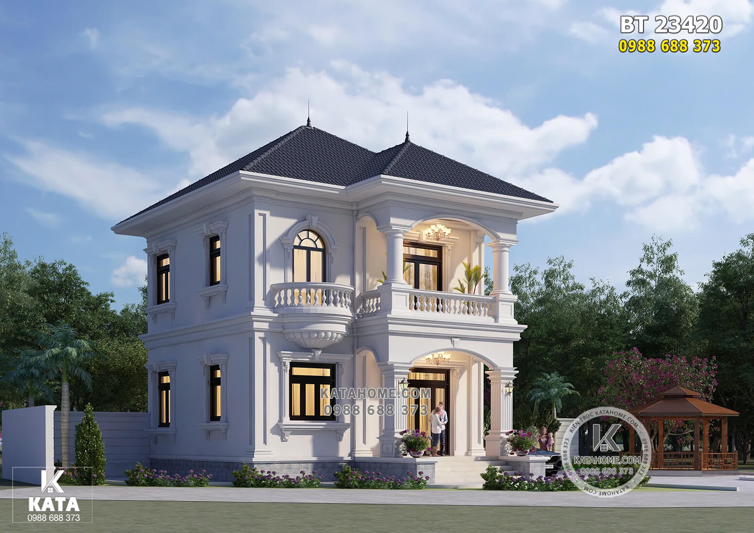 Phối cảnh 3D ngoại thất mẫu thiết kế nhà 2 tầng mái Nhật 8x8m2