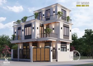 Phối cảnh 3D kiến trúc mẫu thiết kế biệt thự 3 tầng hiện đại đơn giản đẹp